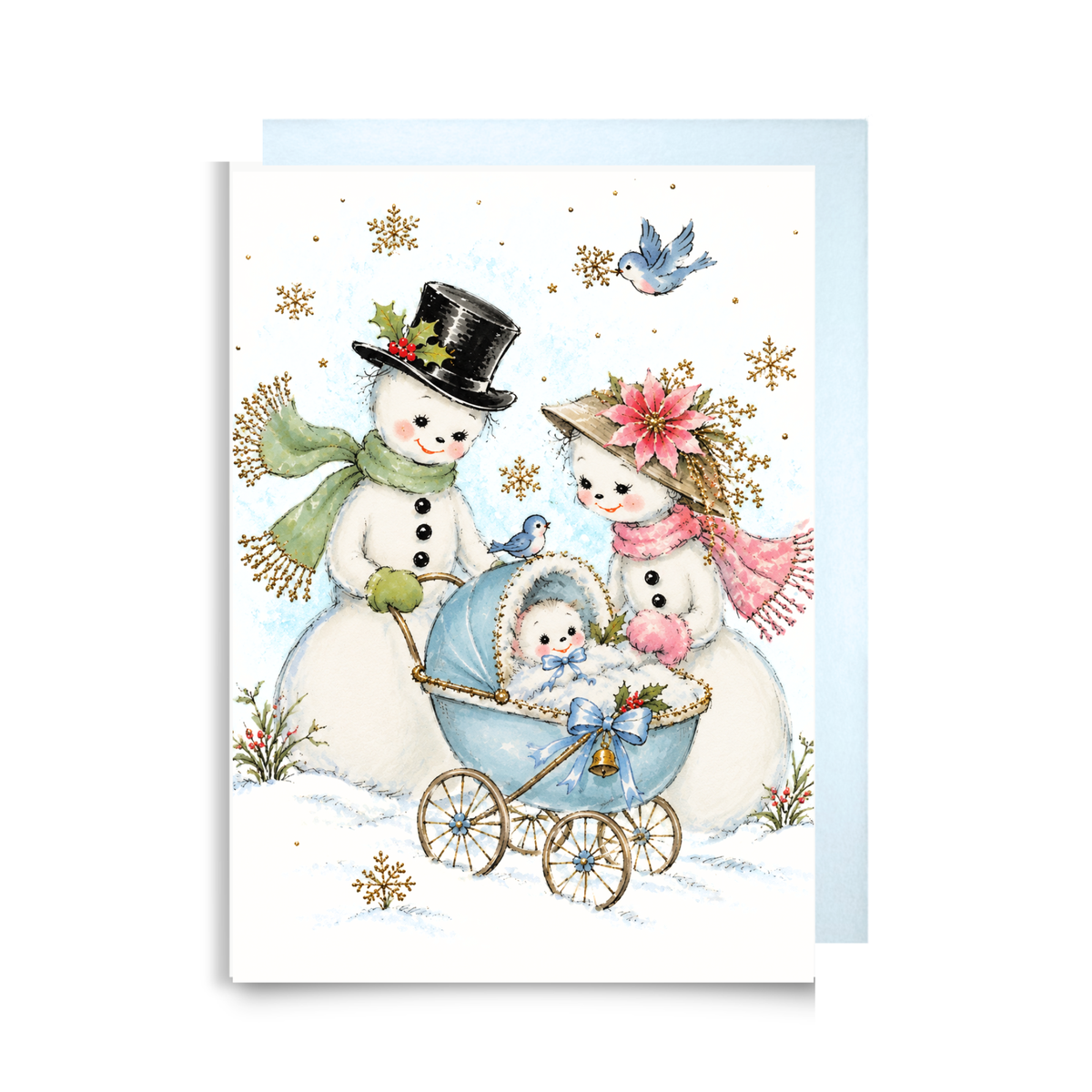 Vintage-style snowman couple pushing a blue baby carriage with a bluebird and snowflakes, snowman baby boy Christmas card