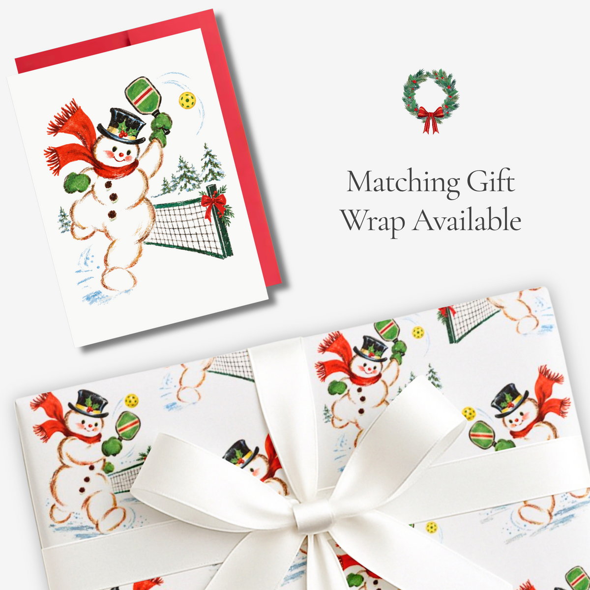Vintage-style snowman pickleball Christmas card with matching pickleball snowman gift wrap, tied with white satin ribbon