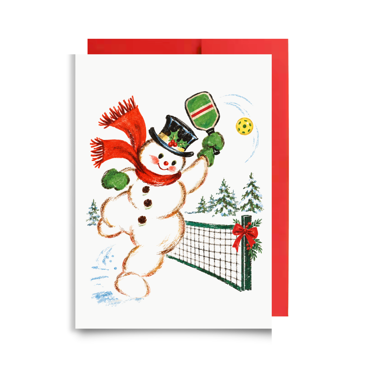 Vintage-style snowman in a top hat and red scarf swinging a green striped pickleball paddle at a yellow ball beside a snowy net, snowman pickleball Christmas card