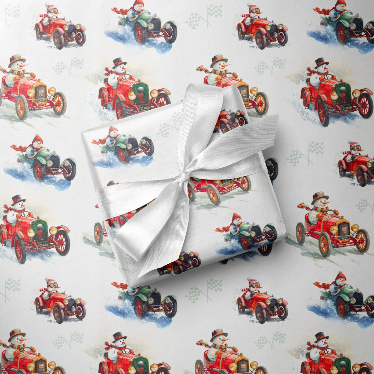 Gift wrapped in vintage-style Christmas wrapping paper with snowmen driving red vintage race cars, snowman race car gift wrap