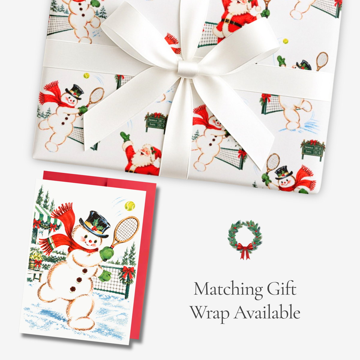 Vintage-style snowman tennis Christmas card with matching tennis snowman gift wrap, tied with white satin ribbon