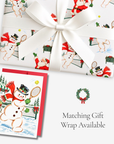 Vintage-style snowman tennis Christmas card with matching tennis snowman gift wrap, tied with white satin ribbon
