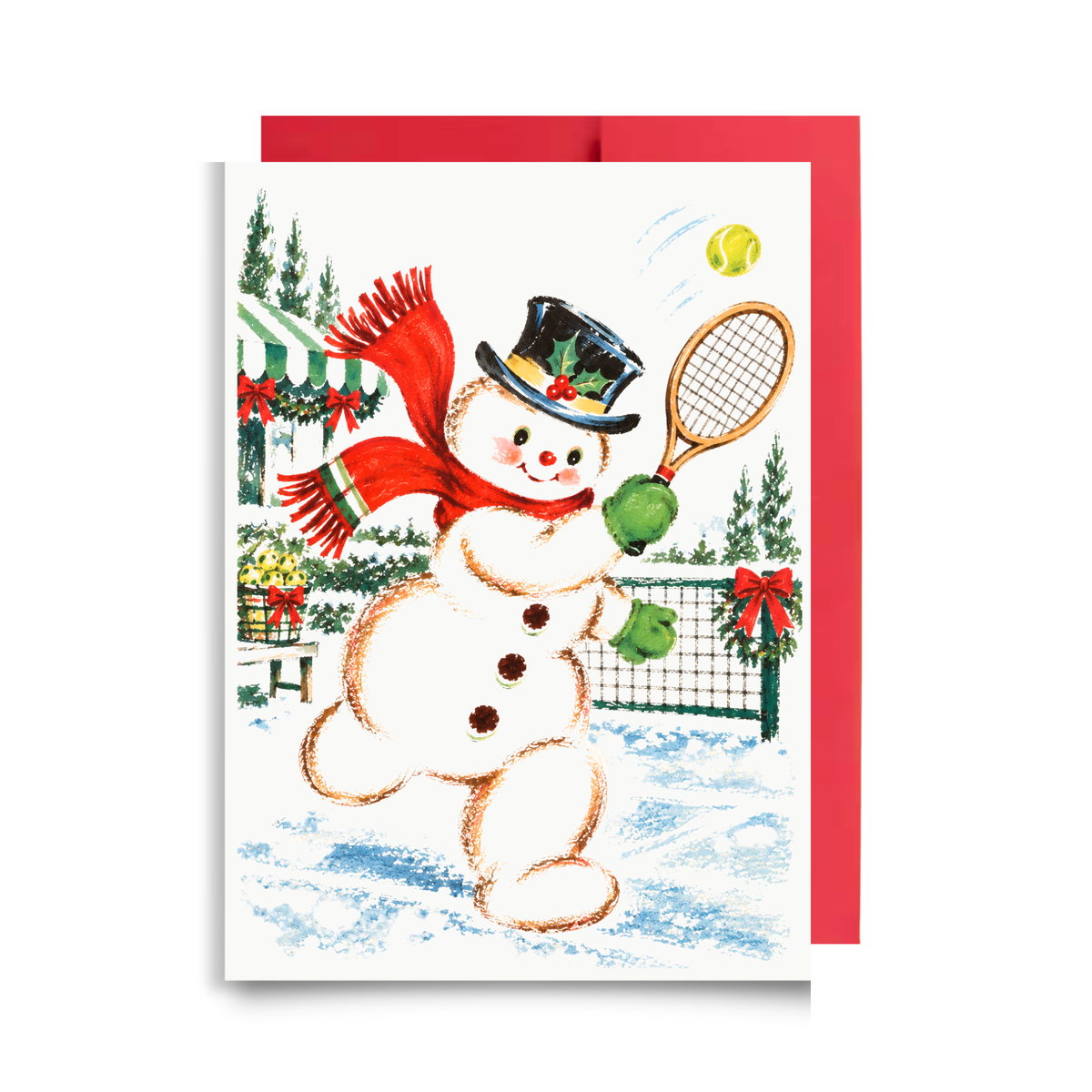 Vintage-style snowman in a top hat swinging a tennis racket at a yellow ball on a snowy tennis court, snowman tennis Christmas card