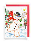 Vintage-style snowman in a top hat swinging a tennis racket at a yellow ball on a snowy tennis court, snowman tennis Christmas card