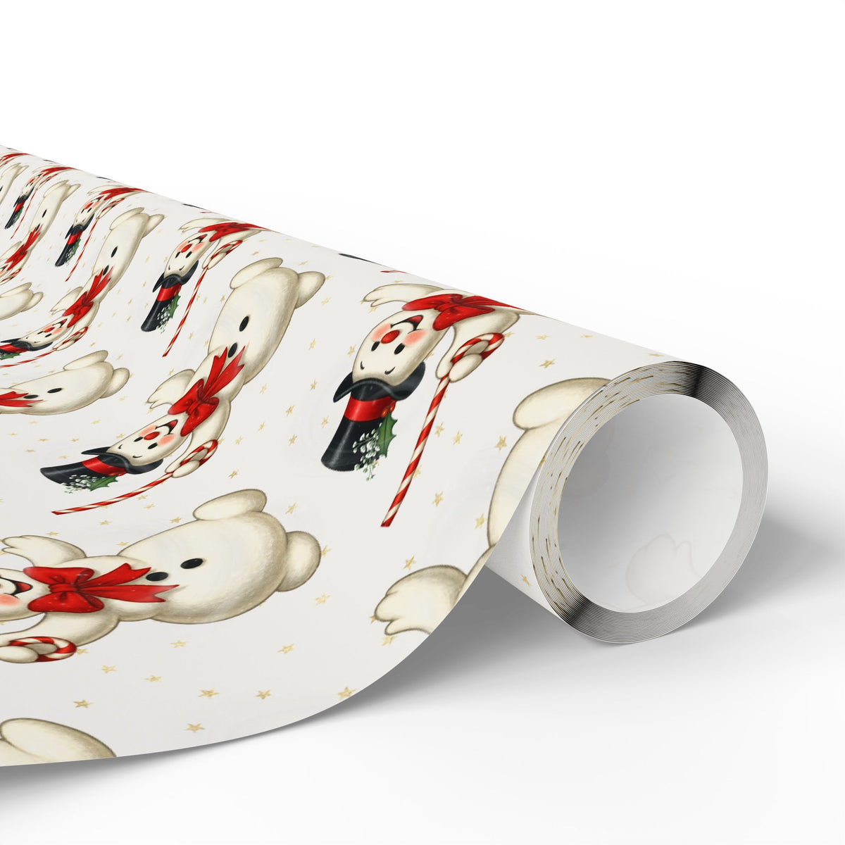 A roll of Christmas wrapping paper with a repeating pattern of illustrated jolly snowmen.