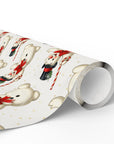 A roll of Christmas wrapping paper with a repeating pattern of illustrated jolly snowmen.
