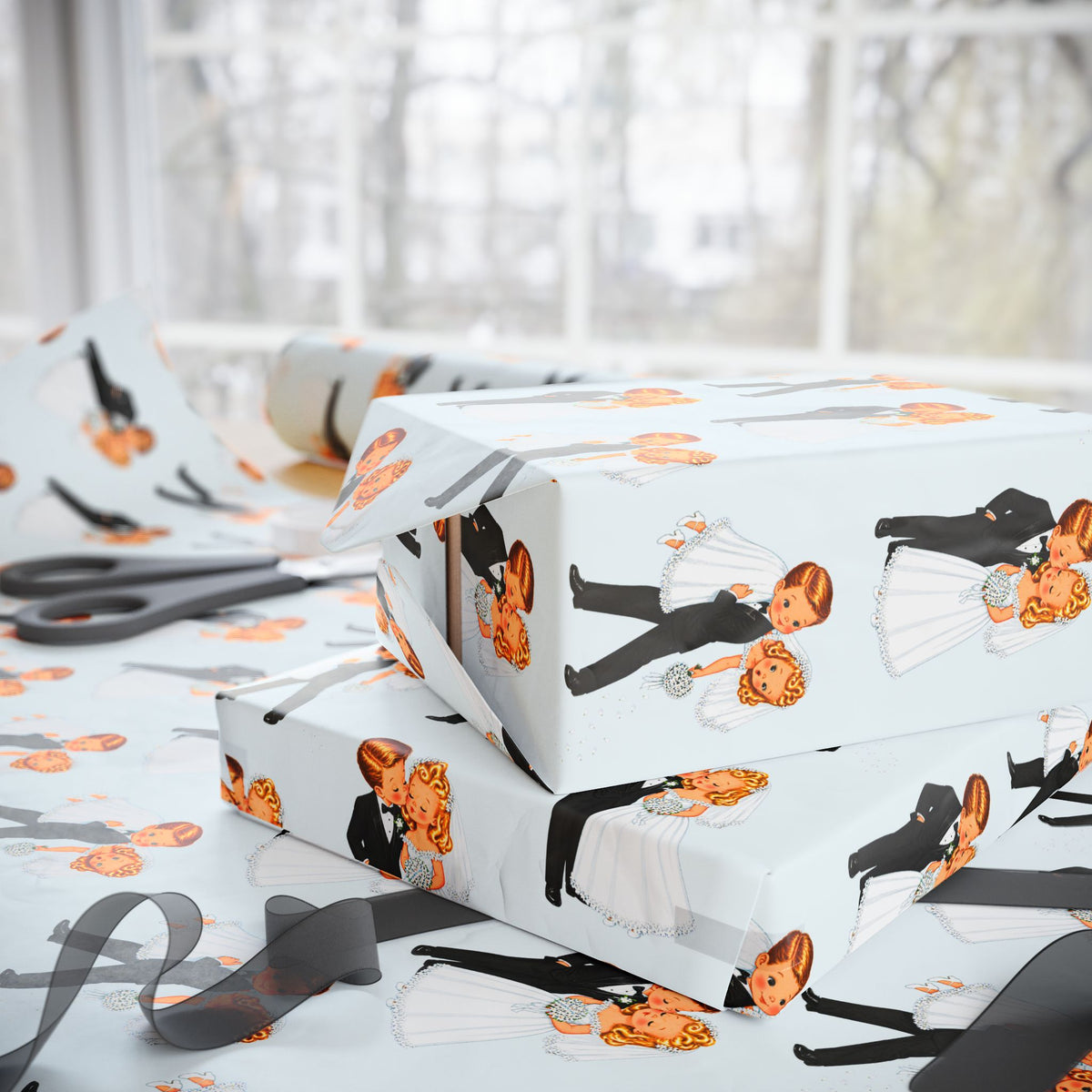 Wedding gifts wrapped in mid-century newlywed wrapping paper featuring a blonde bride and tuxedoed groom, surrounded by ribbon and scissors.
