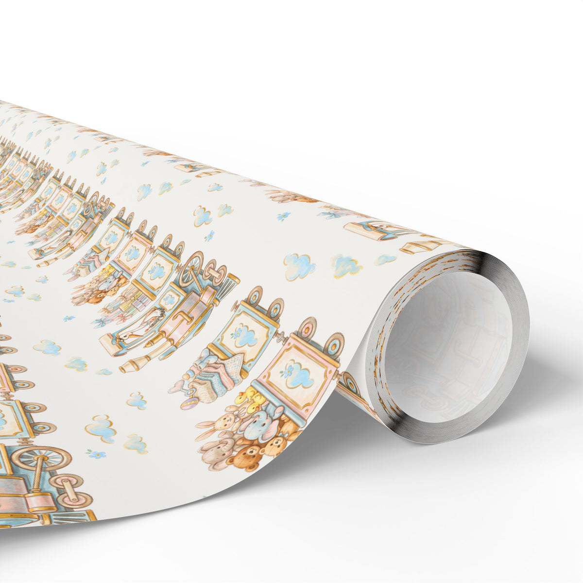 A roll of baby wrapping paper with a whimsical pattern of trains carrying special cargo, teddy bears, bunnies, and clouds on a cream background.