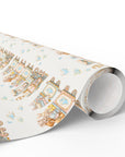 A roll of baby wrapping paper with a whimsical pattern of trains carrying special cargo, teddy bears, bunnies, and clouds on a cream background.