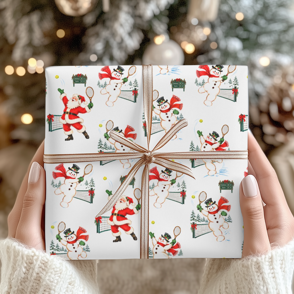 Hands holding a Christmas gift wrapped in vintage-style Santa and snowman tennis wrapping paper with a copper striped ribbon bow