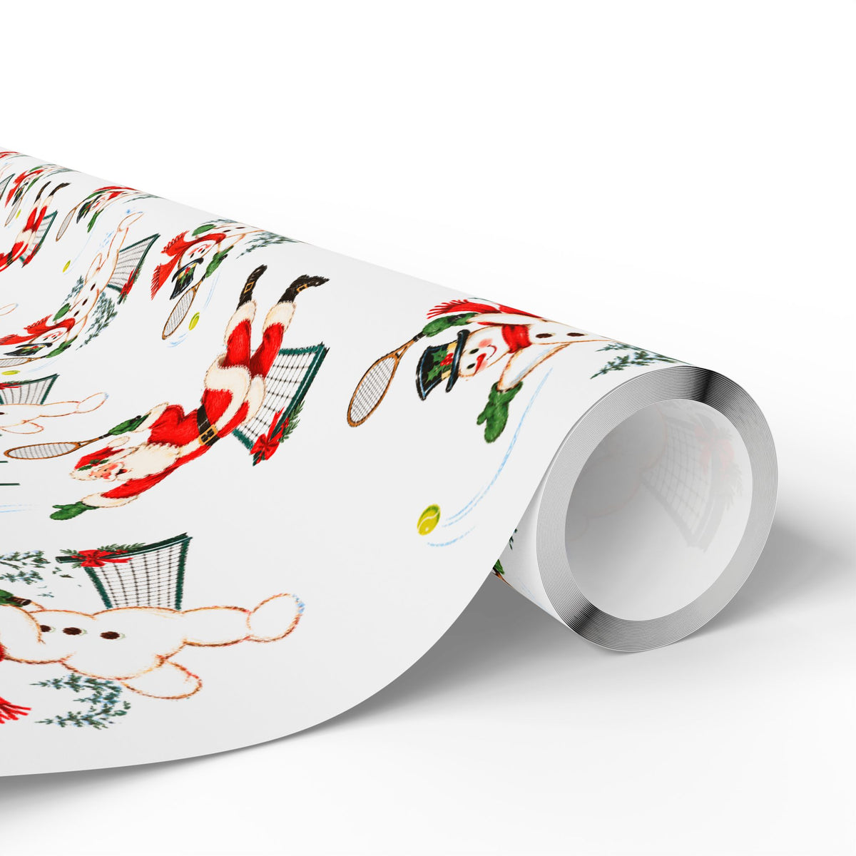 Roll of vintage-style Santa tennis Christmas wrapping paper with Santa and snowmen playing tennis, tennis gift wrap roll