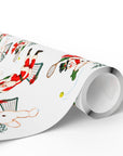 Roll of vintage-style Santa tennis Christmas wrapping paper with Santa and snowmen playing tennis, tennis gift wrap roll