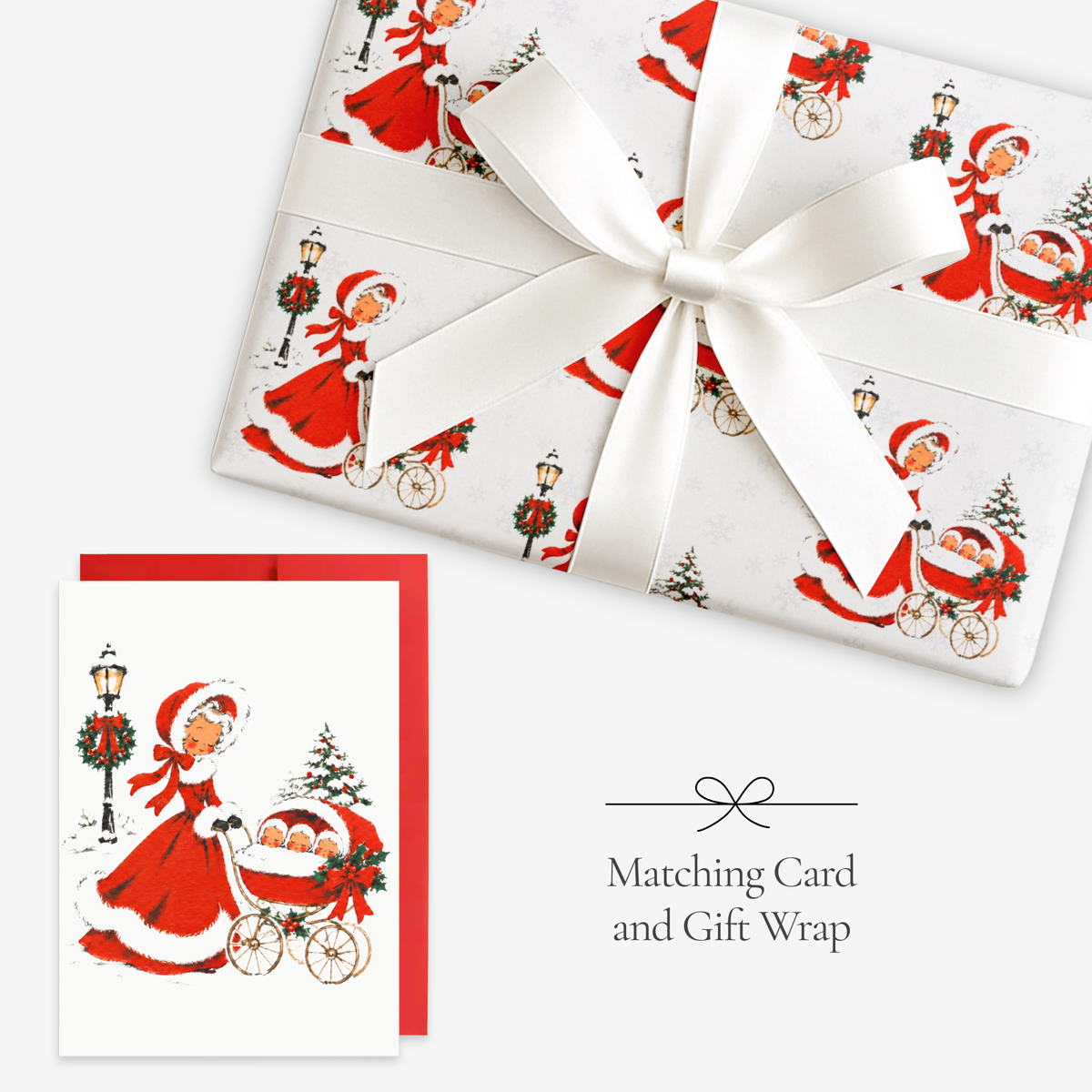Vintage-style triplets first Christmas card and matching wrapping paper: a woman in a red coat trimmed with white fur pushes a pram with three sleepy babies, wrapped gift with a white satin bow, Winter Wonderland triplets baby shower set