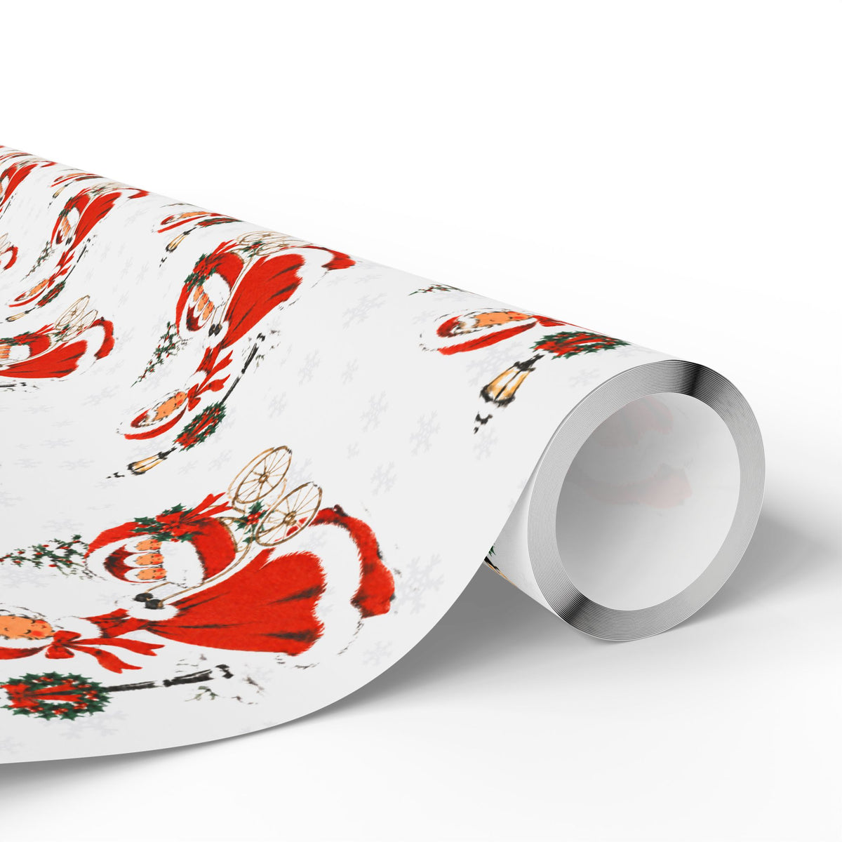A roll of vintage-style triplets first Christmas wrapping paper with a repeating pattern of a woman in a red coat trimmed with white fur pushing a pram with three sleepy babies, wreath-trimmed lampposts and snowy fir trees on a white background, Winter Wonderland triplets baby shower gift wrap