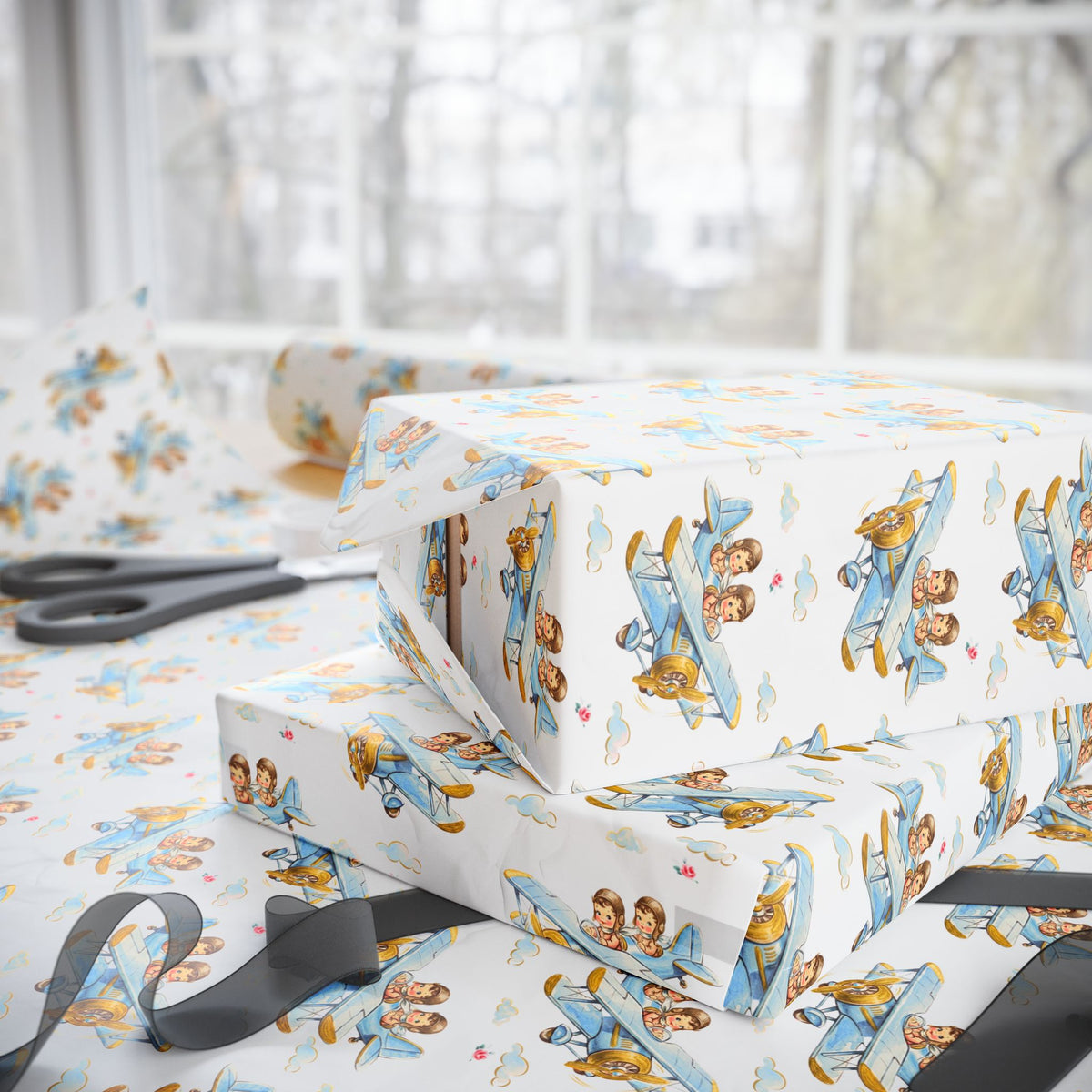 Gift wrap featuring vintage-style twin boys piloting a airplane on a light background.