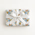 A rectangular gift box wrapped in white paper with a repeating print of vintage blue airplanes carrying twin boys, tied with a wide white satin ribbon and bow, on a plain white background.