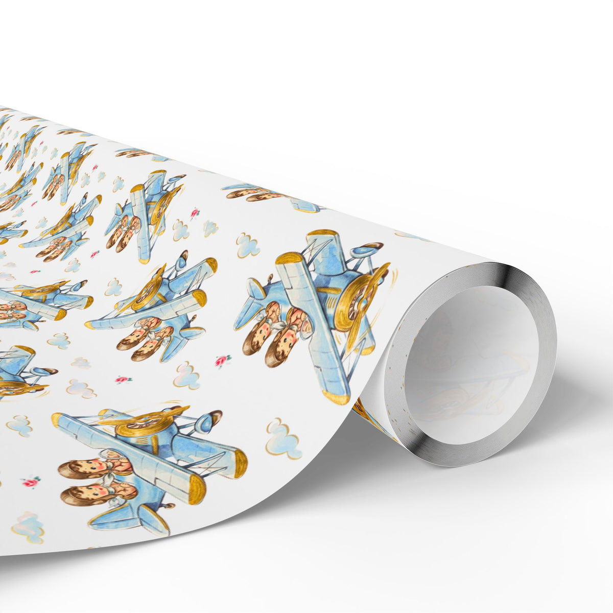 Roll of twin boys airplane wrapping paper featuring a repeating blue vintage biplane pattern.