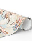 Roll of twin boys stork wrapping paper showing storks in blue clouds with pink ribbons