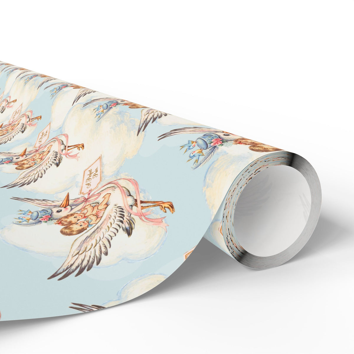 Roll of vintage-style twin baby shower wrapping paper with storks carrying a baby boy and girl on soft blue clouds