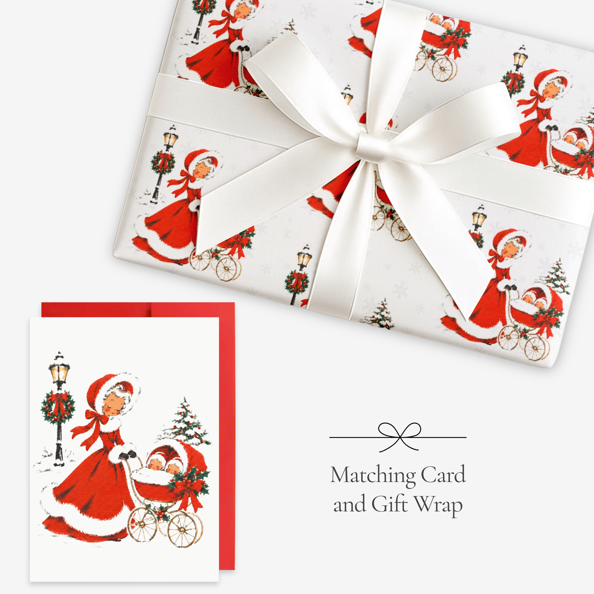 Vintage-style twins first Christmas card and matching wrapping paper: a woman in a red coat trimmed with white fur pushes a pram with two sleepy babies, wrapped gift with a white satin bow, Double the Joy twin baby shower set
