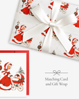 Vintage-style twins first Christmas card and matching wrapping paper: a woman in a red coat trimmed with white fur pushes a pram with two sleepy babies, wrapped gift with a white satin bow, Double the Joy twin baby shower set