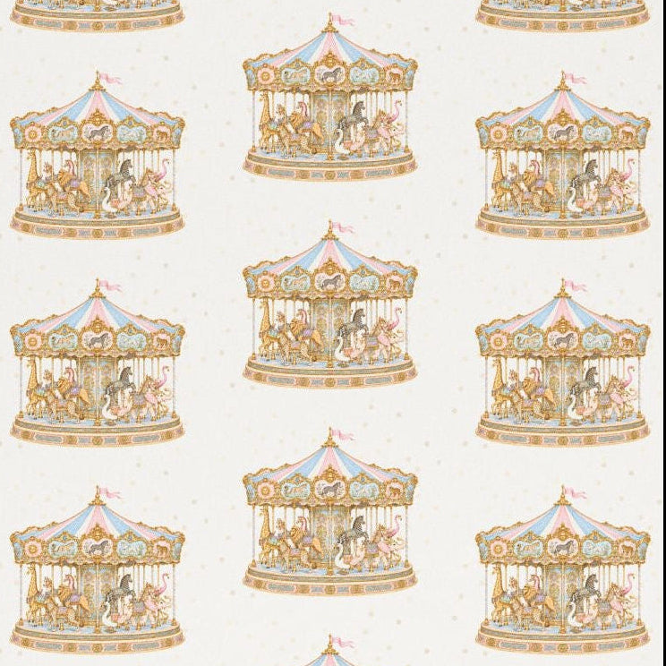 Pink and blue carousel patterned wrapping paper with vintage style merry go round animals.