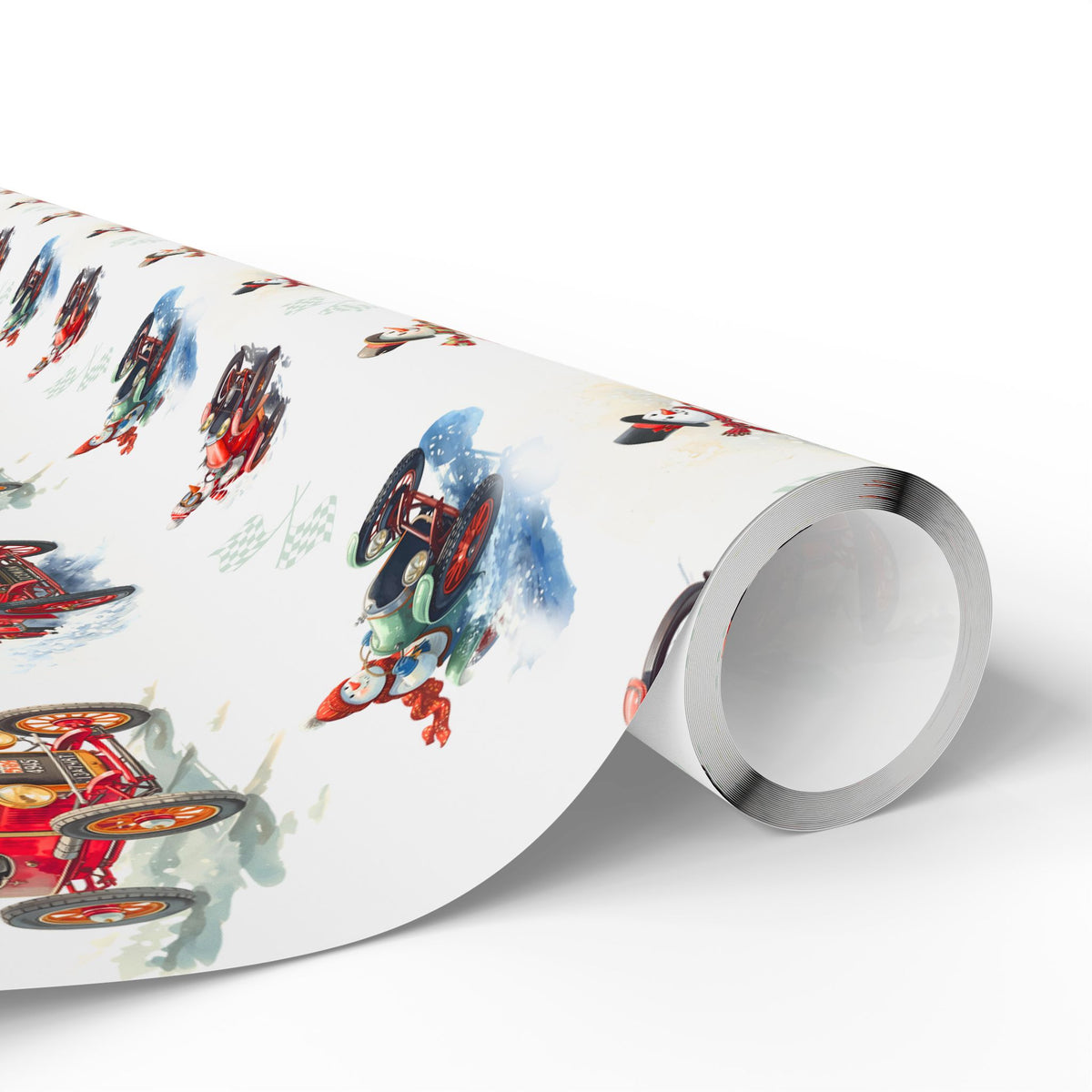 Roll of vintage-style snowman race car Christmas wrapping paper with snowmen driving red and green race cars, snowman gift wrap roll