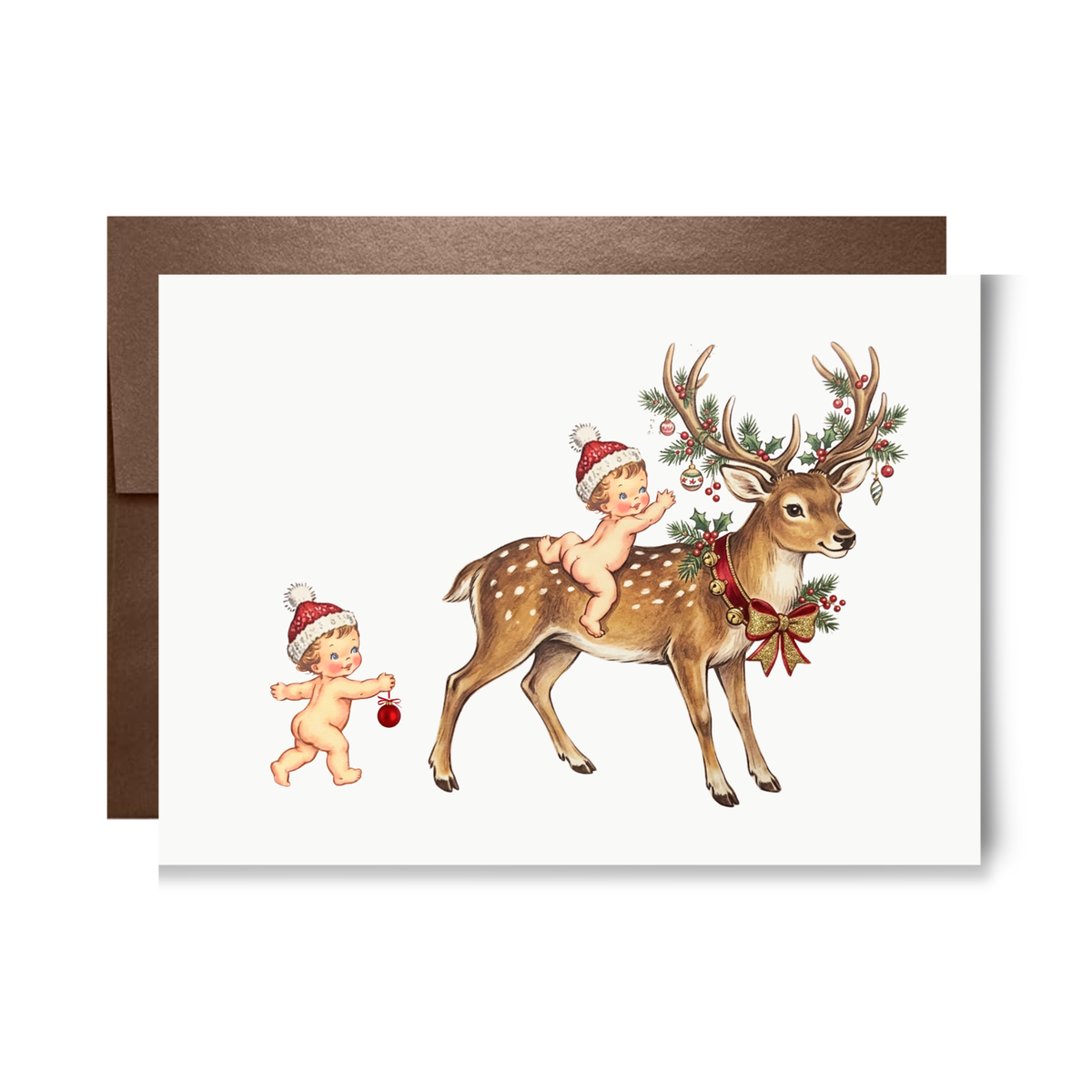 Vintage-style Christmas card with two babies in Santa hats, one riding a spotted reindeer with holly and ornaments on its antlers.