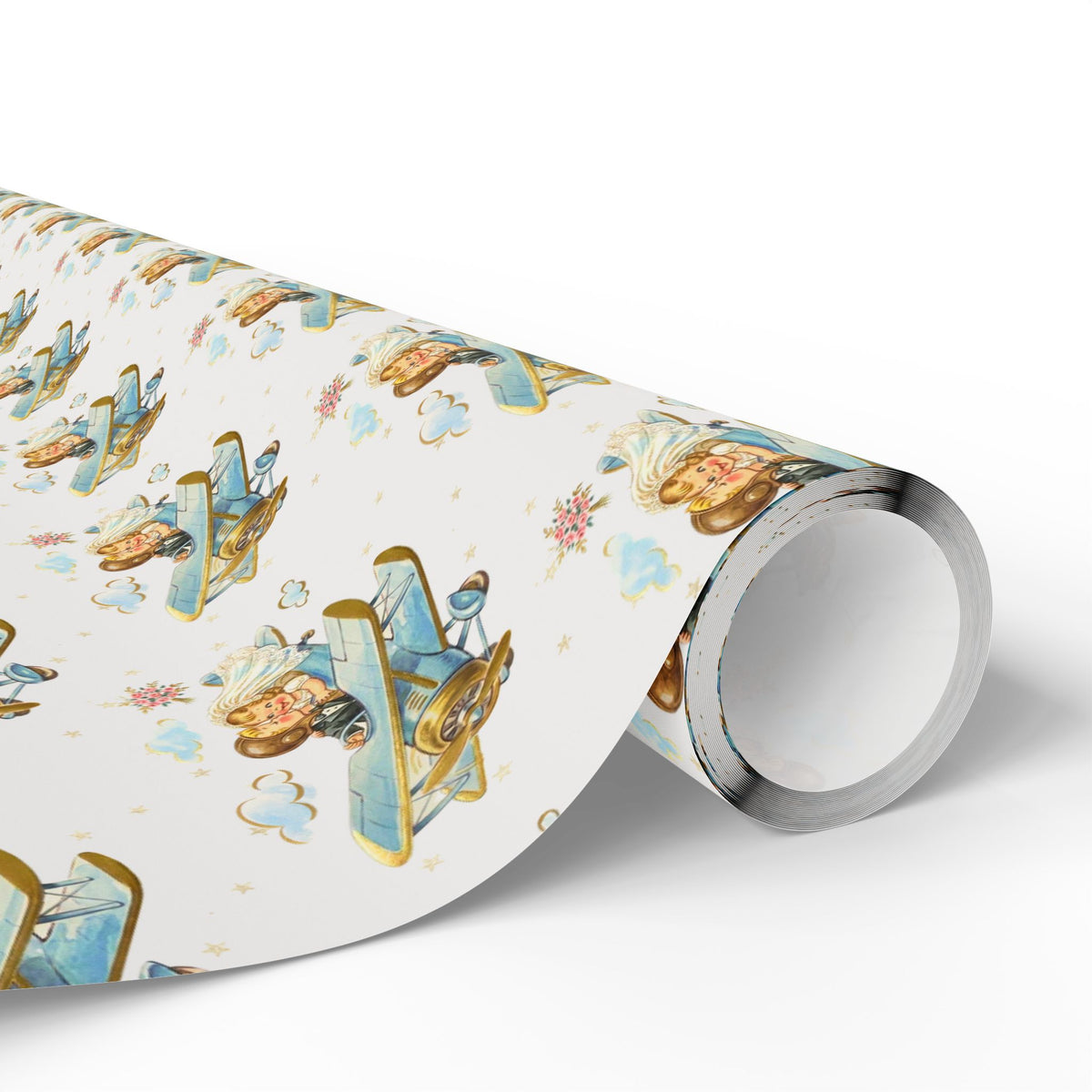 A roll of wedding wrapping paper with a vintage illustration of a bride and groom piloting a vintage airplane dressed in bridal dress and tuxedo.