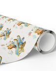 A roll of wedding wrapping paper with a vintage illustration of a bride and groom piloting a vintage airplane dressed in bridal dress and tuxedo.