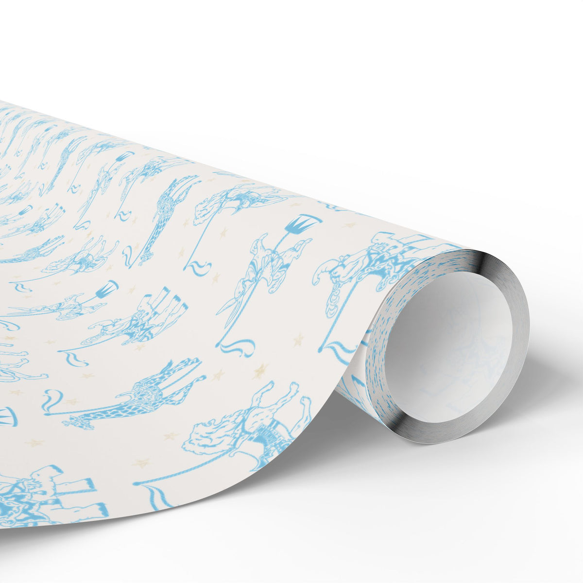 A roll of wrapping paper with a light blue carousel illustration pattern on a ivory background, shown on a clean white studio background.