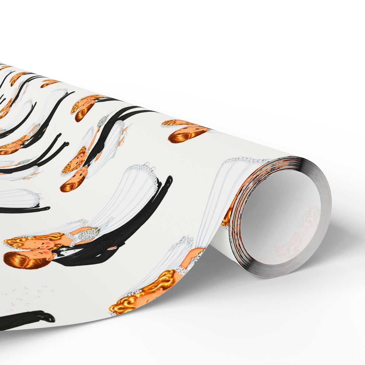 A roll of wrapping paper with a vintage illustration pattern featuring bride and groom kissing.