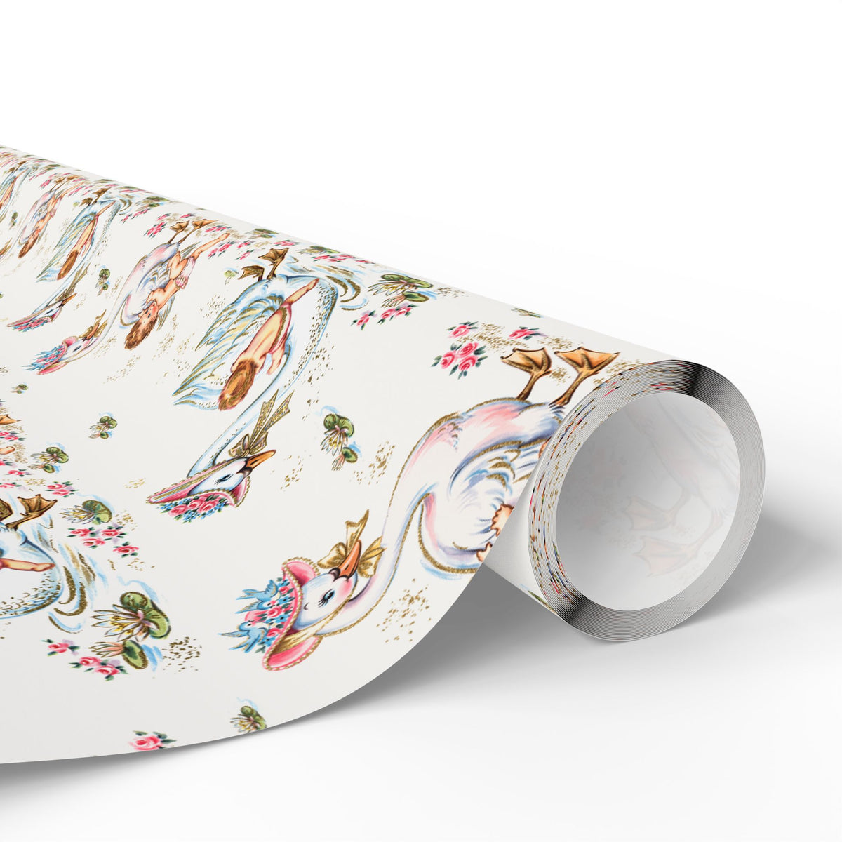 Roll of baby wrapping paper featuring colorful swans and babies on a light background.