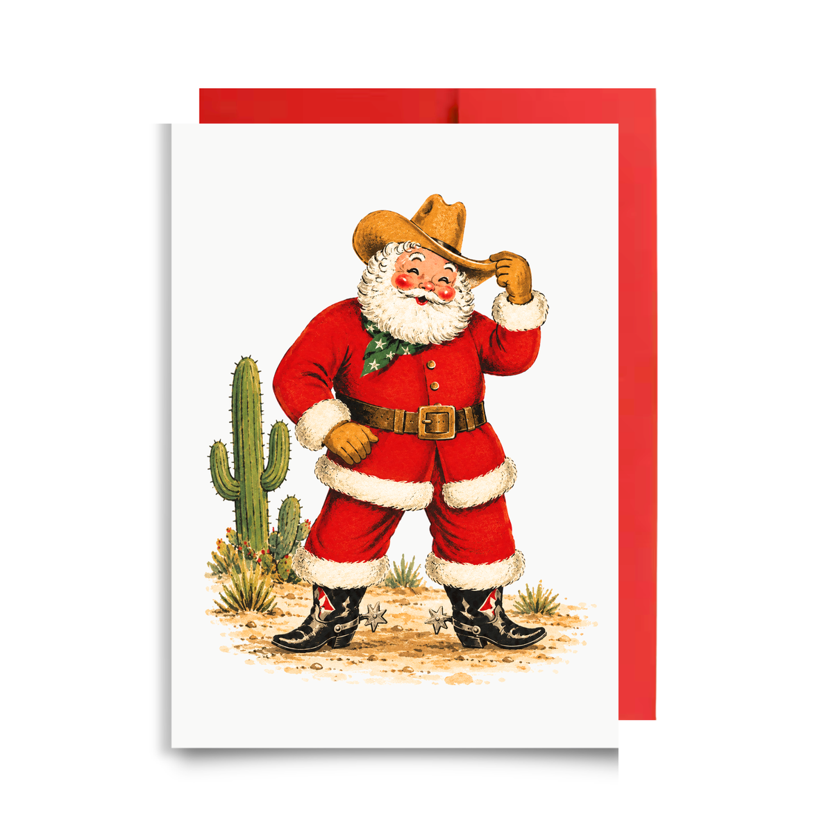 Vintage-style cowboy Santa tipping his hat in a red suit and spurred boots beside a desert cactus, western Santa Christmas card