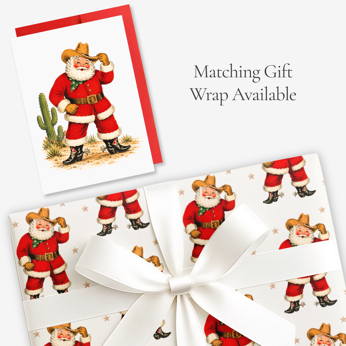 Vintage-style western cowboy Santa Christmas card with matching cowboy Santa gift wrap, tied with white satin ribbon