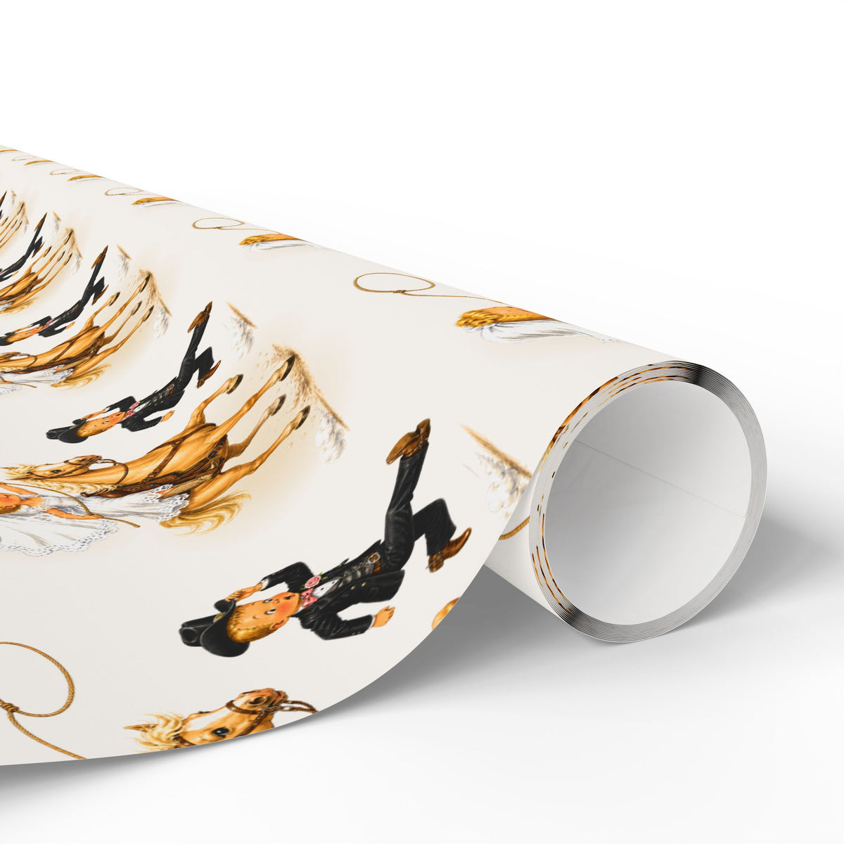 Western bridal shower wrapping paper roll featuring a vintage-inspired bride and groom chase scene on a cream background, wrapped with a white ribbon.