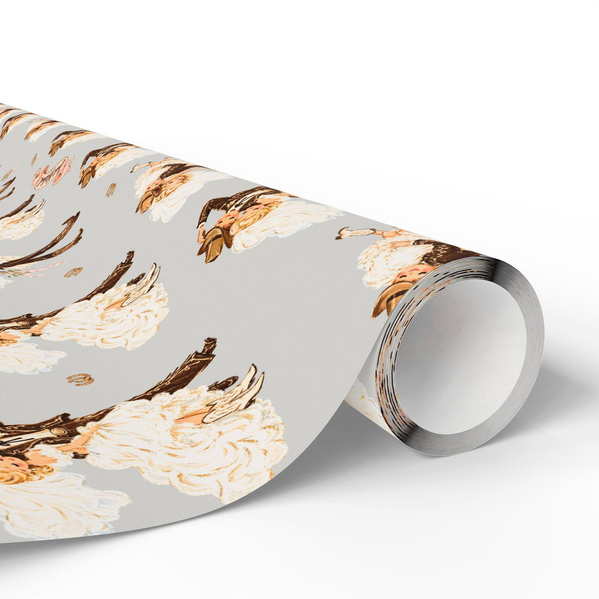 Roll of gray western wedding wrapping paper with cowboy and cowgirl couples and pink Just Hitched banners.