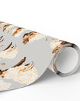 Roll of gray western wedding wrapping paper with cowboy and cowgirl couples and pink Just Hitched banners.