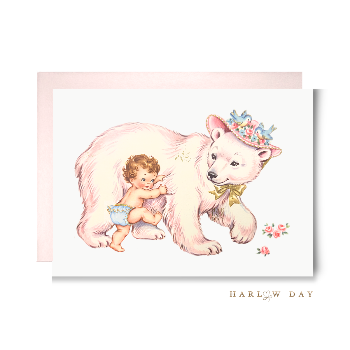 Vintage-inspired polar bear and baby girl greeting card with pink envelope by Harlow Day. 