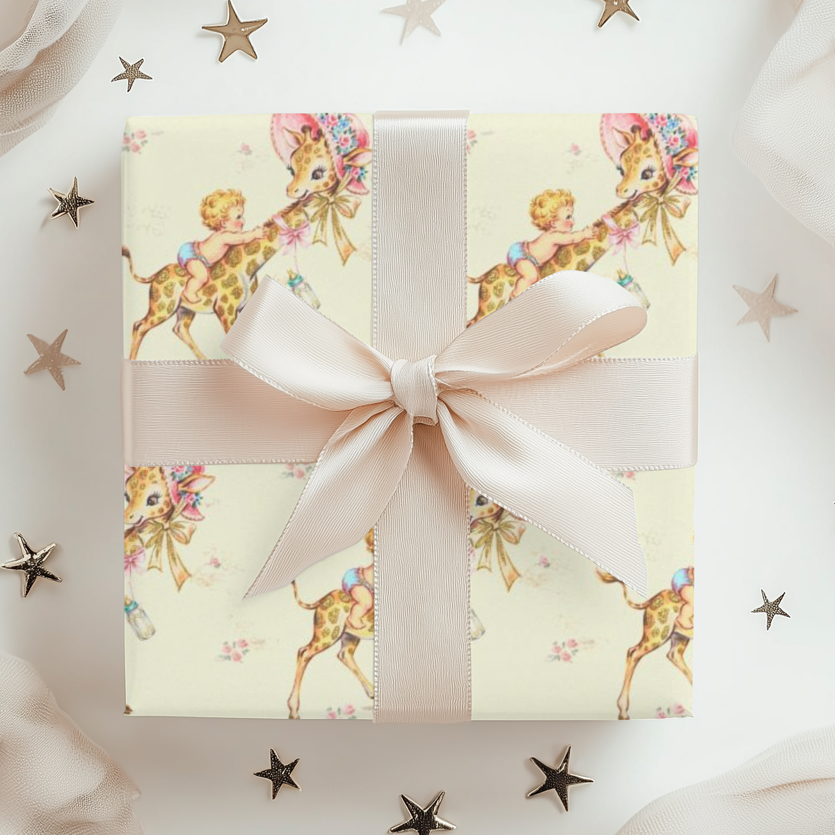 Wild one first birthday gift wrapped in safari giraffe wrapping paper with a cream ribbon bow and scattered stars