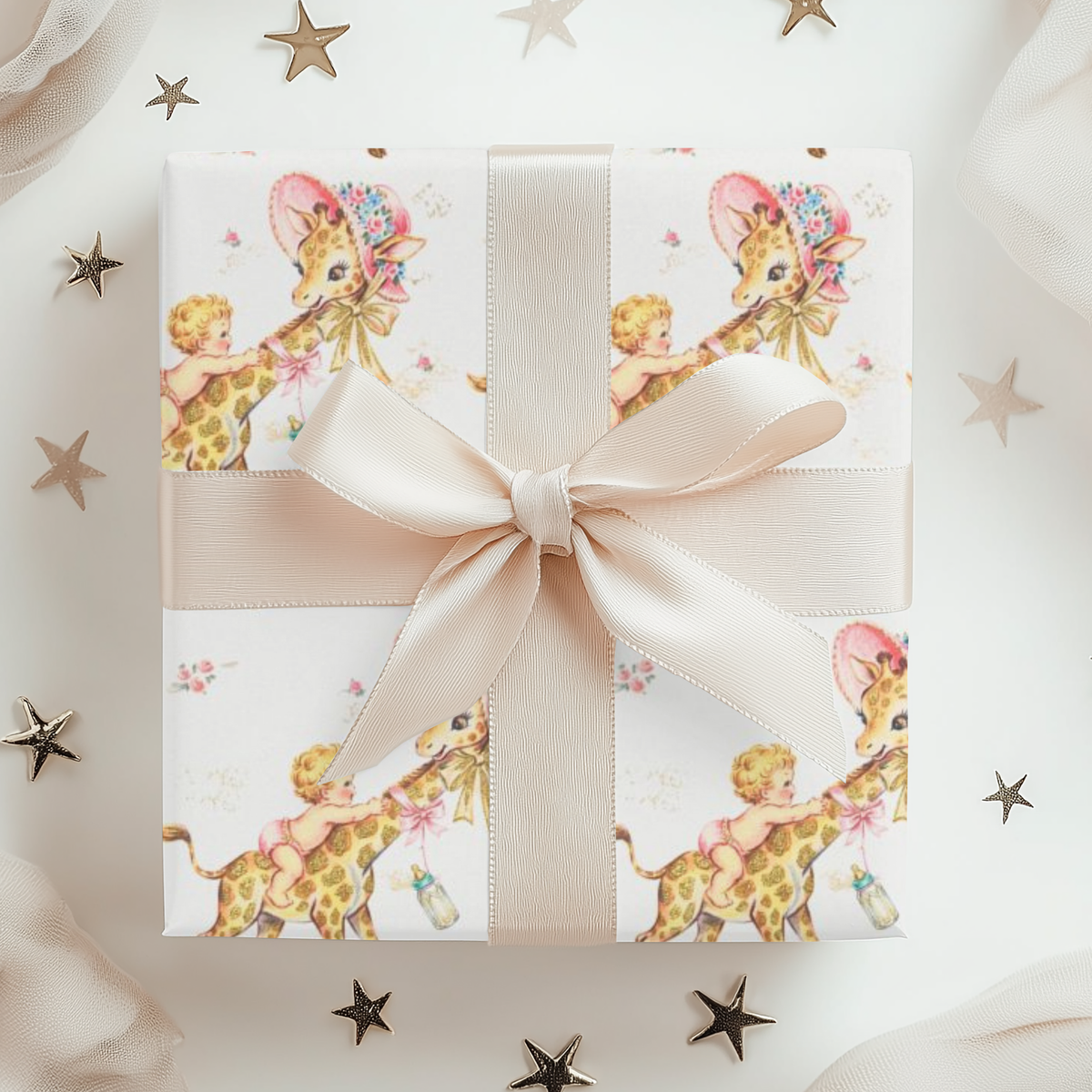 Wild one first birthday gift wrapped in safari giraffe wrapping paper with a cream ribbon bow and scattered stars