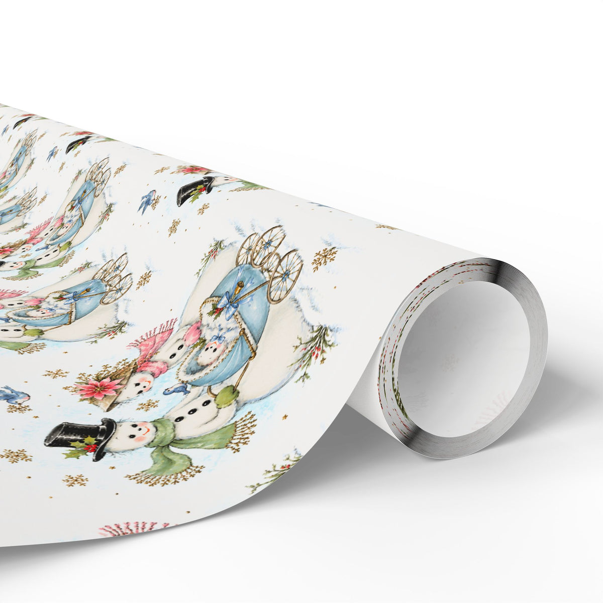 Roll of vintage-style snowman baby boy Christmas wrapping paper with snowmen and blue baby carriages, blue snowman gift wrap roll