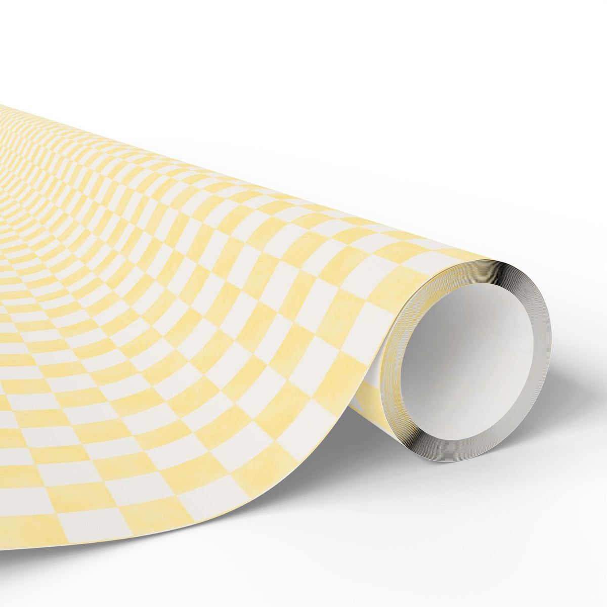 A roll of wrapping paper featuring a yellow and soft white checkerboard pattern, shown partially unrolled on a clean white background.